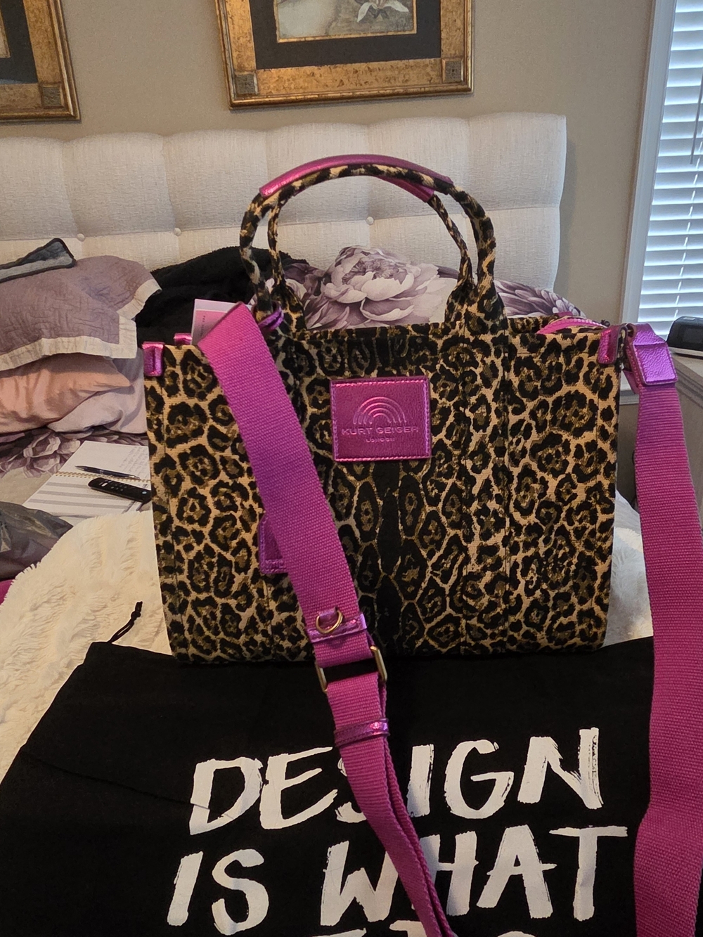 Kurt Geiger Leopard Print Tote with Hot Pink Trim and Strap